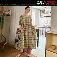 100%韓國空運 [ZUZUKOREA] * 自然可愛 復古綠色格紋組合寬圓領娃娃連身裙 153181