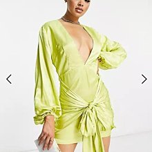 (嫻嫻屋) 英國ASOS-Collective the Label萊姆色V領長袖綁帶裙洋裝禮服AA24