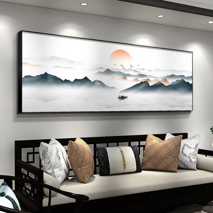 現貨：新中式客廳裝飾畫大氣橫幅風景山水畫沙發背景墻掛畫國風水墨壁畫