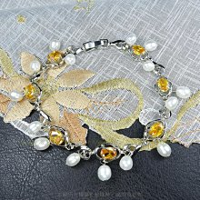 珍珠林~黃鑽珍珠活動式手鏈~黃色鋯石晶鑽搭配天然淡水珍珠#749+1