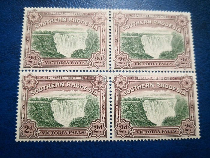 英屬南羅德西亞郵票1941瀑布風光2d四方連一組全新MNH雕