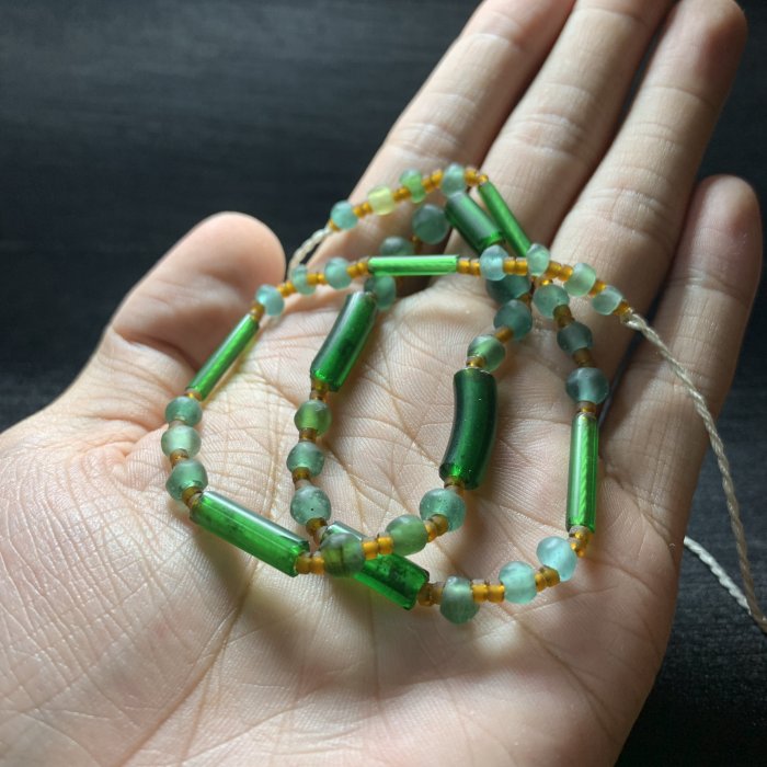 古董老件 古珠 老琉璃 綠長管 琉璃珠串 項鍊 配珠