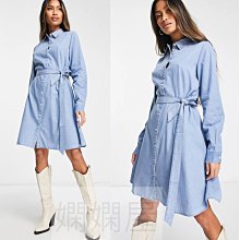 (嫻嫻屋) 英國ASOS -Selected優雅時尚藍色牛仔長袖綁帶及膝裙洋裝 現貨UK8