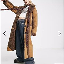 (嫻嫻屋) 英國ASOS- Reclaimed Vintage棕色毛邊接縫長絨面大衣外套AC24