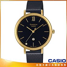 【柒號本舖】CASIO 卡西歐 SHEEN 藍寶石米蘭鋼帶中性錶-黑面金框 / SHE-4539BGM-1A (台灣公司貨)