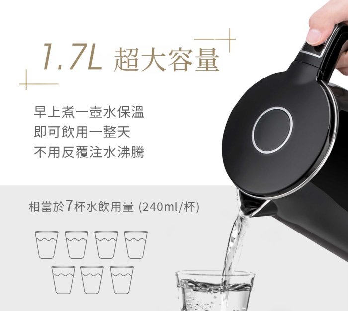 【公司貨 附發票】SOLAC 1.7L 智能溫控不鏽鋼快煮壺 電熱水壺 熱水壺 電茶壺 泡茶壺 SHB-K44BK