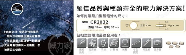 威力家 Panasonic 國際牌 CR2032 鈕扣型電池 3V專用鋰電池(2顆一卡)