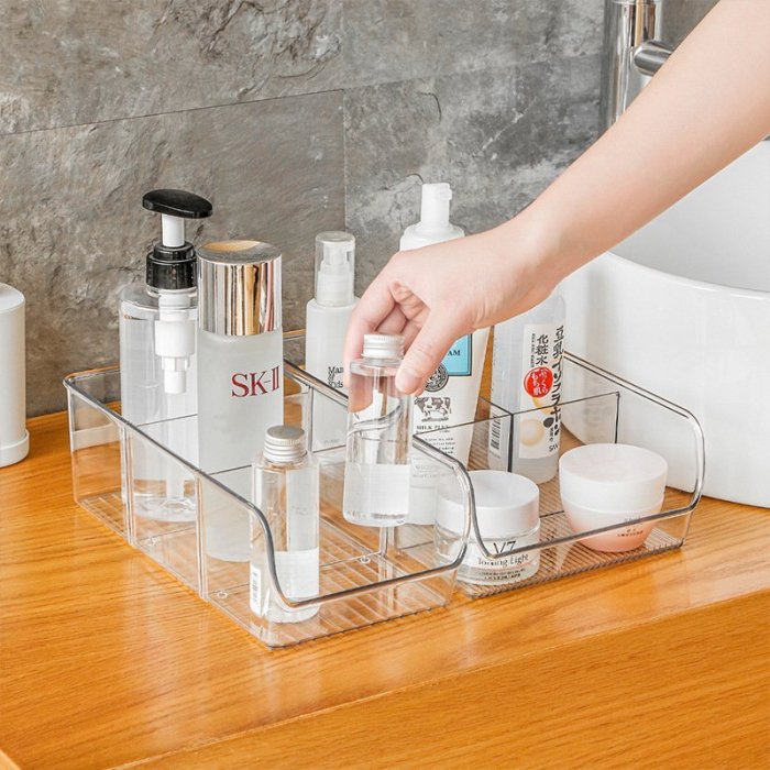 現貨熱銷-桌面收納盒衛生間浴室透明化妝品分格辦公室收納框雜物小型儲物盒爆款