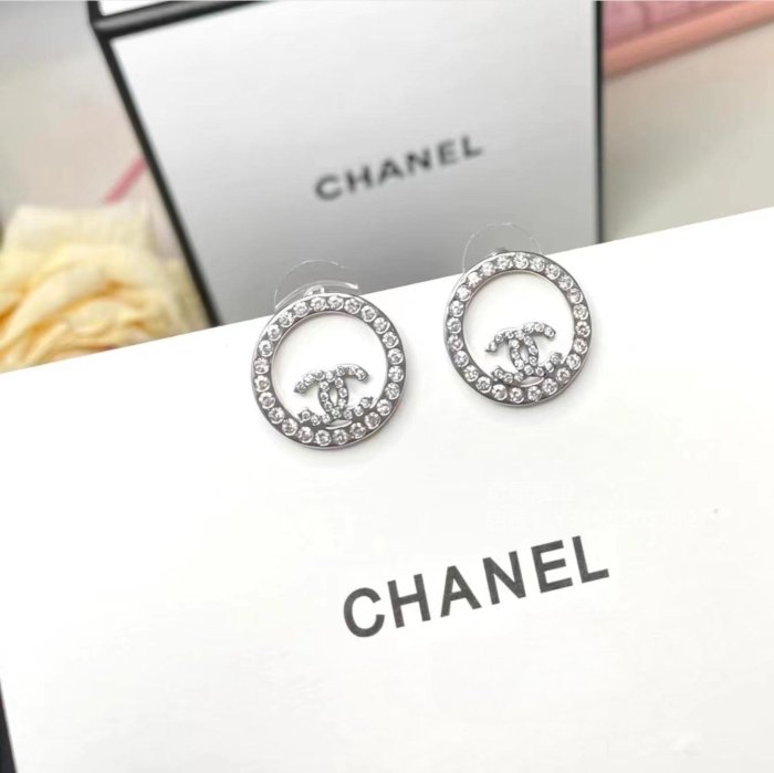 二手正品 Chanel 香奈兒 2021 雙C 圓圈圈 銀色圓型水鑽耳環 耳釘