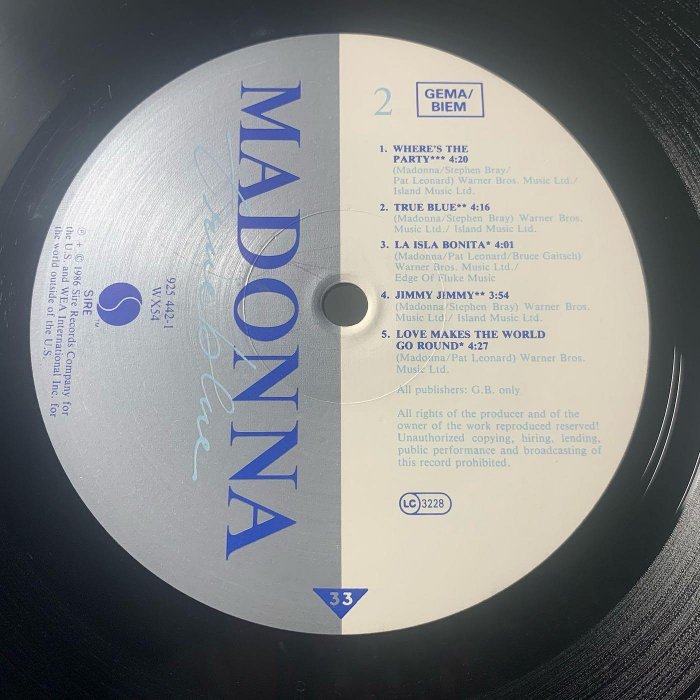 跨世紀流行音樂女皇-瑪丹娜-忠實者 二手專輯（歐洲首版）Madonna - True Blue Album Vinyl