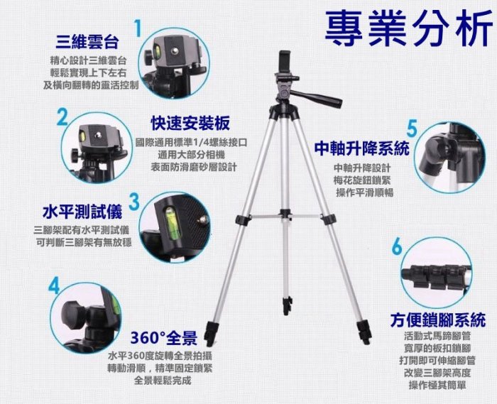 【柑仔舖】影音專賣 65CM 鋁合金三腳架 直播腳架/360°立體雲台/伸縮腳架/中軸升降/鎖腳墊片/攝影腳架 投影機