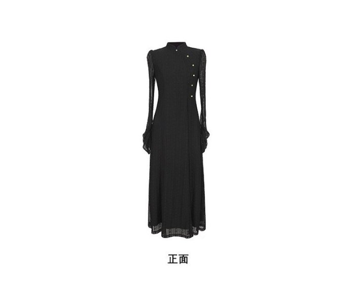 ||一品著衣|| 冷淡風黑色蕾絲連身裙堆褶袖子彈力蕾絲長裙小眾設計感復古長版黑裙子