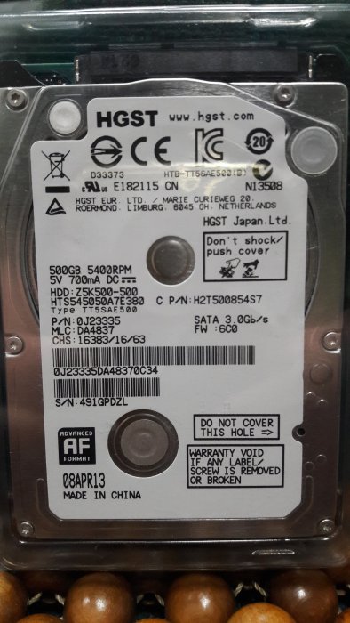 二手良品HGST HTS54505A7E380 Z5K500-500 500GB HDD 2.5吋 SATA (含系統)