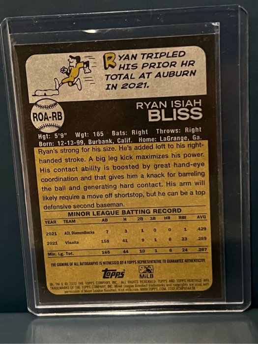 Ryan Bliss 卡面簽新人卡 2022 TOPPS HERITAGE MINORS REAL ONE ROOKIE AUTO