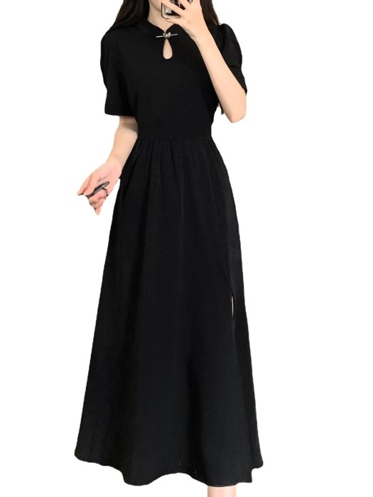 新中式改良旗袍連衣裙黑色大擺側面開衩短袖小黑裙