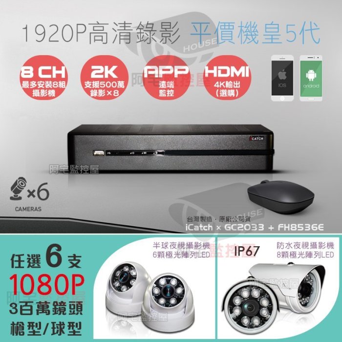 【阿宅監控屋】台灣可取 8路500萬監控主機+高清FHD 1080P 225萬晶片球型/防水型 夜視攝影機×6 監視器