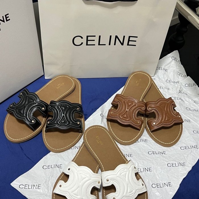 【King女王代購】CELINE 凱旋門拖鞋女外穿早春拖鞋賽琳網紅真皮外出平底涼鞋赫本風