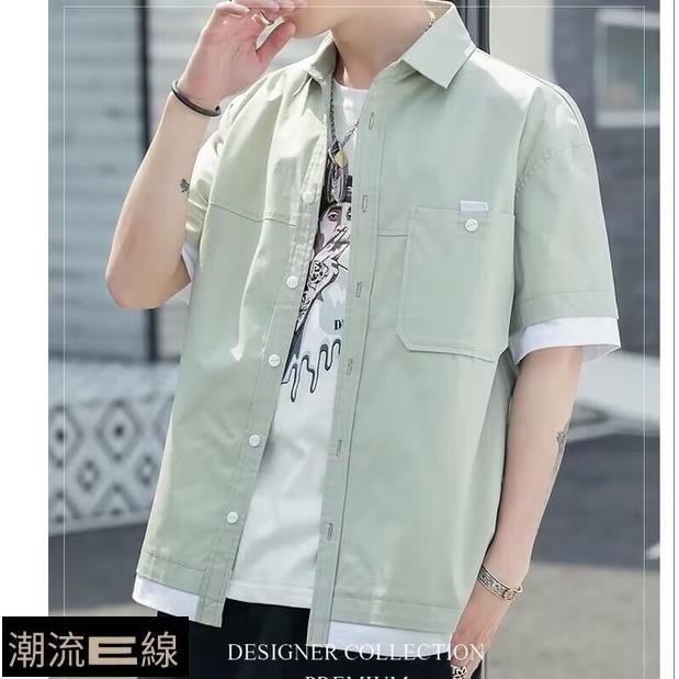 男士假兩件短袖襯衫 潮流拼接工裝外套夏季韓版青少年帥氣休閒襯衫（GA708）-潮流e線