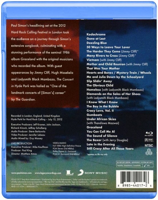 熱銷直出 保羅西蒙 Paul Simon The Concert in Hyde Park (藍光BD50)蝉韵文化音像BD藍光