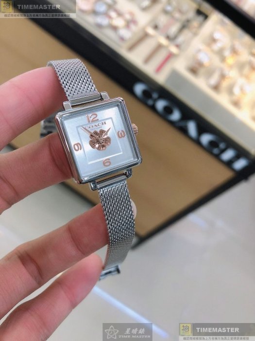 COACH手錶,編號CH00140,22mm銀方形精鋼錶殼,白色, 銀色簡約, 山茶花雕刻錶面,銀色米蘭錶帶款