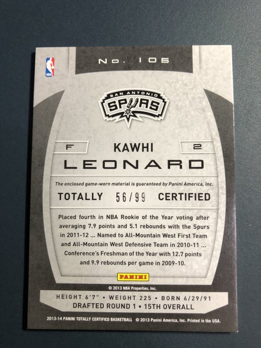 2013-14 Totally Certified Red /99 Kawhi Leonard 球衣卡 限量卡