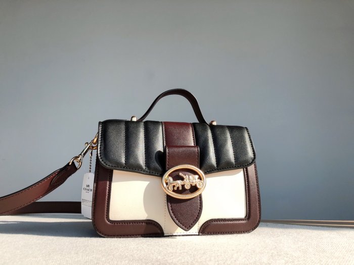 【九妹精品】COACH 6015 新款女士單肩斜跨提手包PVC拼牛皮 側背包  女包