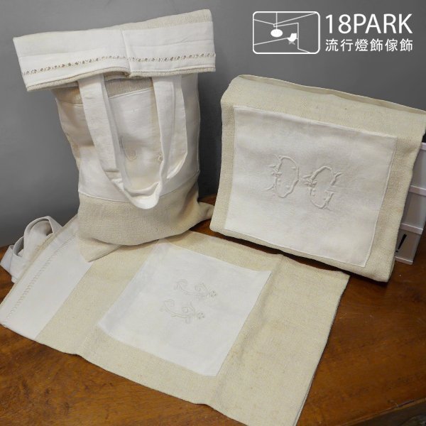 【18Park 】純色層次 French monogram linen bag [ 法國亞麻織袋 ]