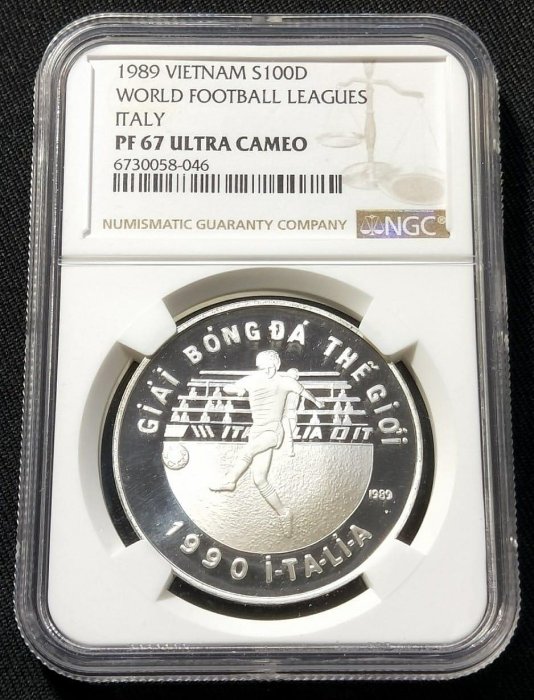 NGC PF67 ULTRA CAMEO 1989年越南世界足球盃100盾精鑄紀念銀幣 (季軍分)