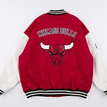 DIBO~NBA 官方授權 芝加哥 公牛隊 棒球外套 紅色 拼接 棉質 皮袖-3355140542