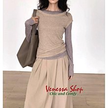 VENESSA~ CKK 時尚撞色假兩件 修身高彈力 女の疊穿造型長袖T恤上衣 2色 (G1592)