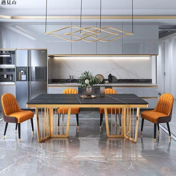 大理石巖板現代簡約輕奢餐桌椅組合長方形家用小戶型高端鈦金飯桌促銷