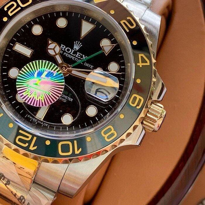 直購#勞力士 Rolex 男士金色機械手錶玫瑰格林尼治系列黑盤倆地時功能男錶 精鋼材質保證不掉色 送禮