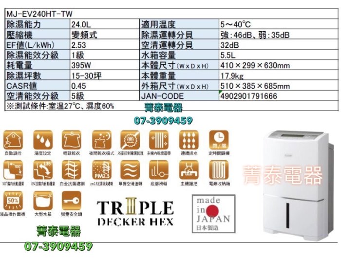 ☎貨物稅一千二~MITSUBISHI【MJ-EV240HT-TW】三菱24L智慧變頻清淨除濕機/三重除濕系統/28坪