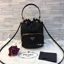 《真愛名牌精品》PRADA 1BH038 Duet 黑色帆布 三角金牌 2用水桶包 *全新*