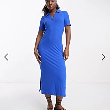 (嫻嫻屋) 英國ASOS-Pieces 藍色POLO衫領短袖中長裙洋裝EC23