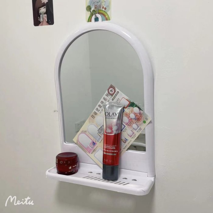 熱銷 浴室鏡 化妝鏡 鏡出租屋簡易鏡帶置物架化妝鏡老式鏡白