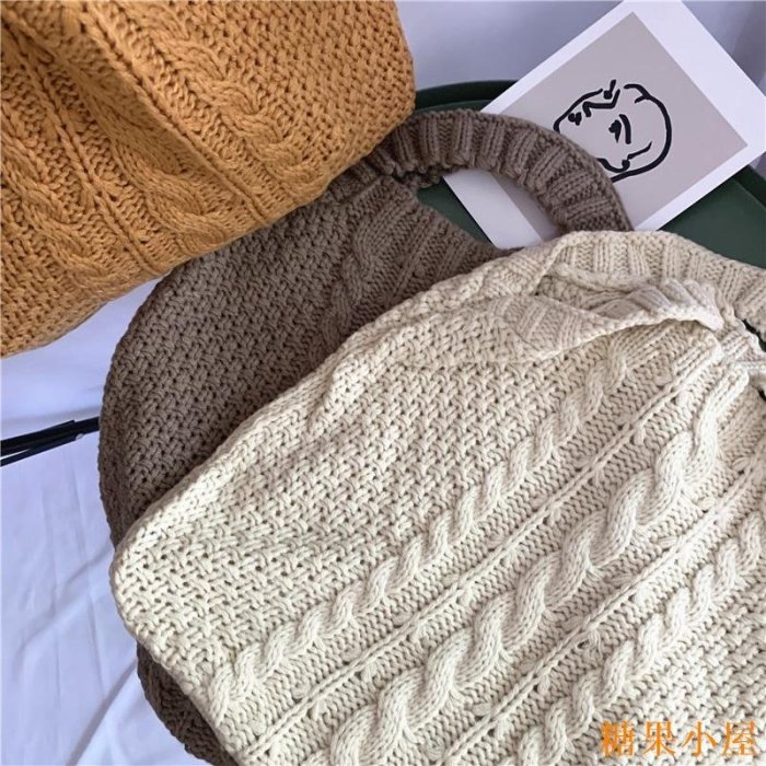 MIKI精品韓國 毛線包 編織包 秋冬 單肩 文藝 針織包 鏤空 毛線 編織 手提包