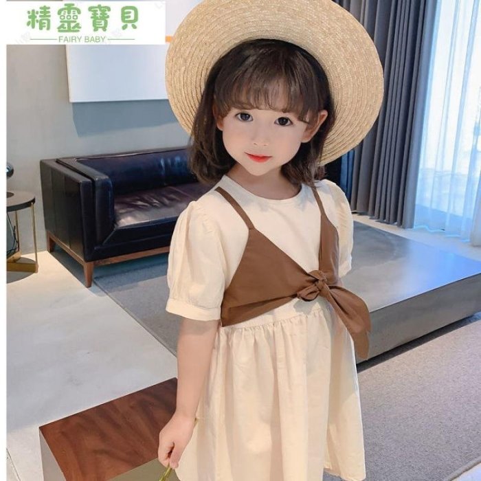 女童韓版洋裝  夏裝新款復古洋氣短袖裙子  兒童時尚假兩件-精靈寶貝