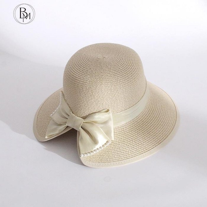 女士時尚草帽韓版珍珠大簷面具防曬防曬漁夫帽夏季新款蝴蝶結遮陽帽