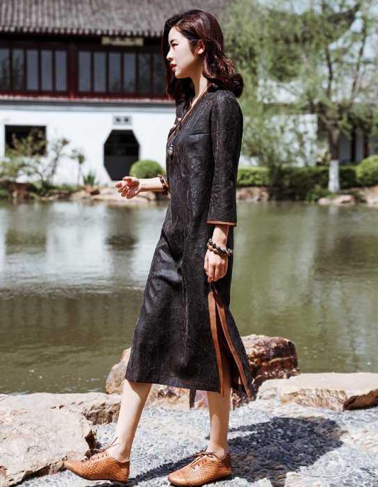 重磅真絲香雲紗中式漢交領傳統連衣裙  步