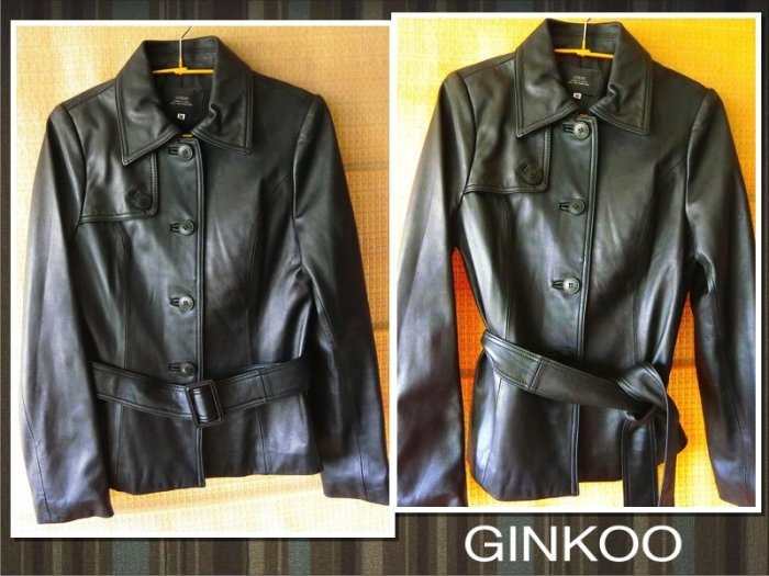 GINKOO 全小羊皮 黑色羊皮 附腰帶鈕扣式中長合身版 修身柔軟舒適 經典風衣款羊皮外套
