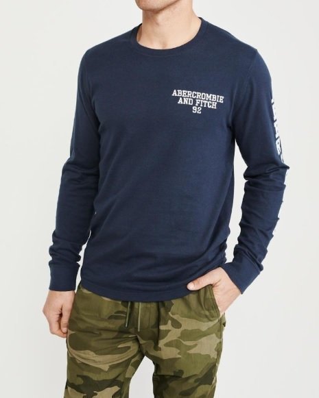 Abercrombie & Fitch A&F 麋鹿 袖子貼布 長T 車繡 LOGO 藍色