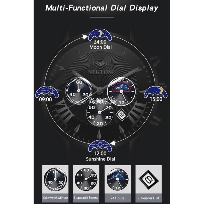 現貨熱銷-男士手錶 時尚精品手錶 日月星辰手錶 男生腕錶 石英手錶 日曆手錶 男生運動手錶 計時手錶學生防水手錶爆款