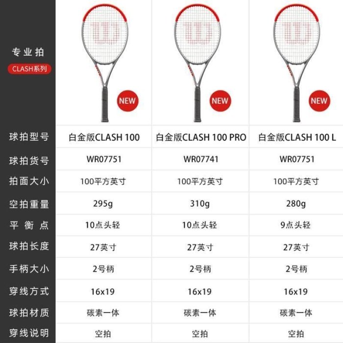 wilson98clash100網球拍專業男女法網威爾遜單人全碳素美網~特價促銷