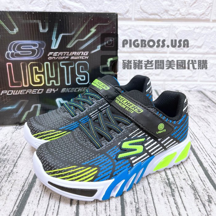 【豬豬老闆】SKECHERS FLEX-GLOW ELITE 休閒鞋 中童 黑白400135LBKGY 黑綠LBBLM