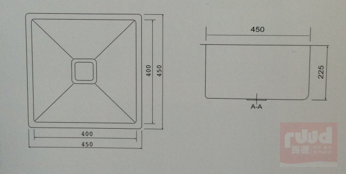 【路德廚衛】Lofn Rindr方型手工不鏽鋼水槽- KSSX-4500R (45CM方形不銹鋼水槽) 歡迎來電詢問!!