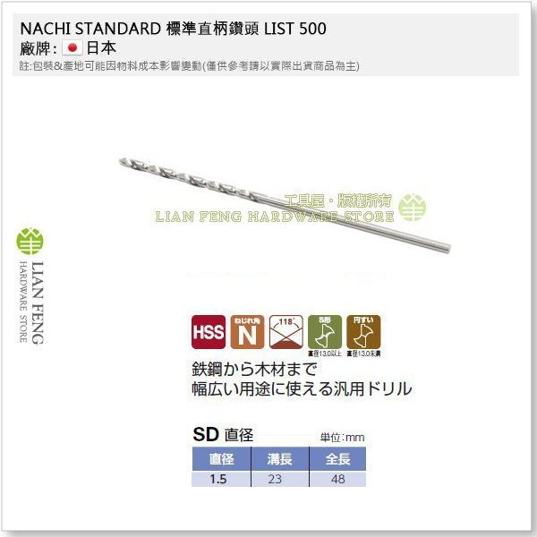 【工具屋】*含稅* NACHI 1.5mm 鐵鑽尾 標準直柄鑽頭 LIST 500 HSS SD 鐵工用 鑽孔 日本