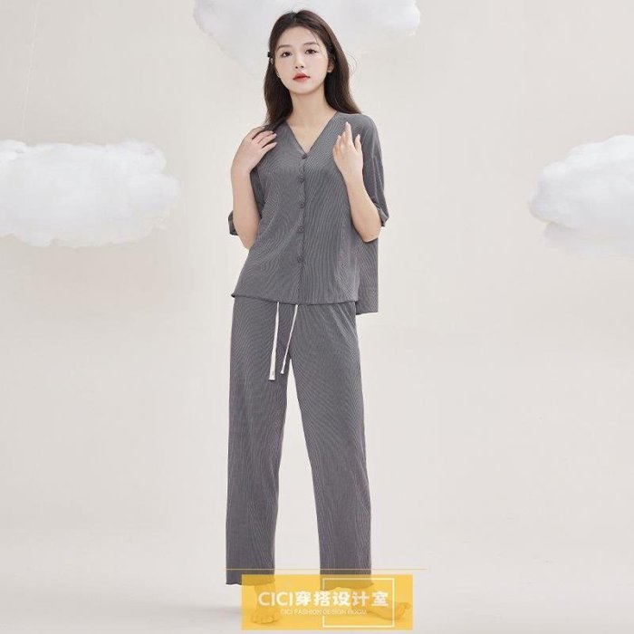 新品 冰絲睡衣女兩件套小外套寬鬆薄款外穿家居服V領短袖長褲清涼套裝夏促銷