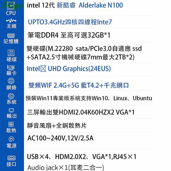 5Cgo【含稅】AlderLake-N100/N95/N5105迷你mini桌電主機微型桌上型電腦家用辦公遊戲4K便攜PC Win11/10