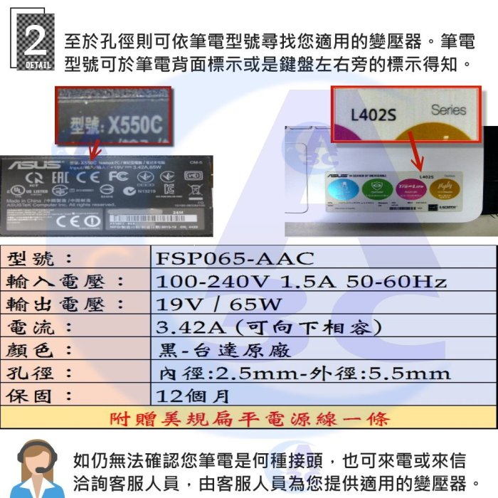 MSI變壓器-微星65W, 2.5-5.5 , 19V , 3.42A , FSP065-AAC